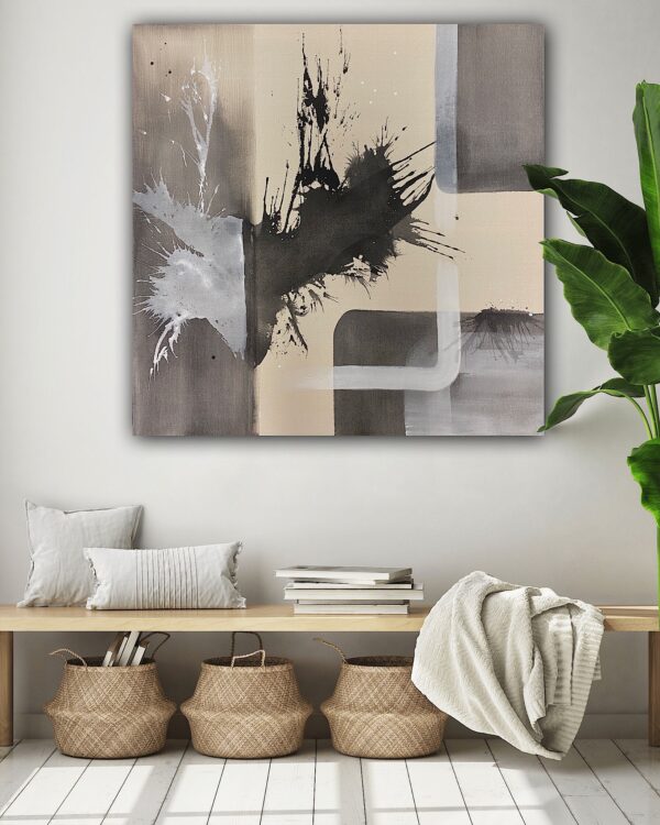 Abstrakte Kunst auf Leinwand Das minimalistische Kunstwerk in neutralen Farben passt in jeden Raum. Unikat in Schwarz, Weiß und Grau auf naturfarbener Leinwand.