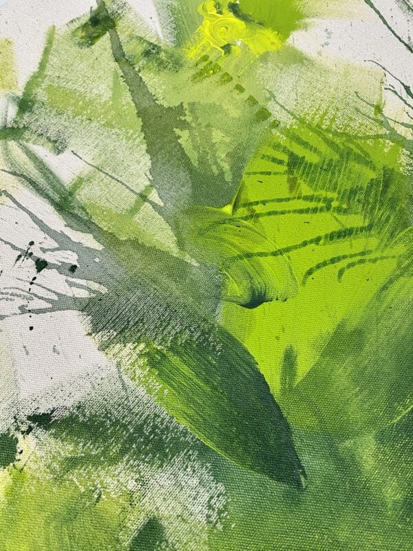 Abstrakte Kunst auf naturfarbener Leinwand Verschiedene Grüntöne haben eine beruhigende Wirkung in diesem abstrakten Acrylbild. Größe: 90x90x4cm