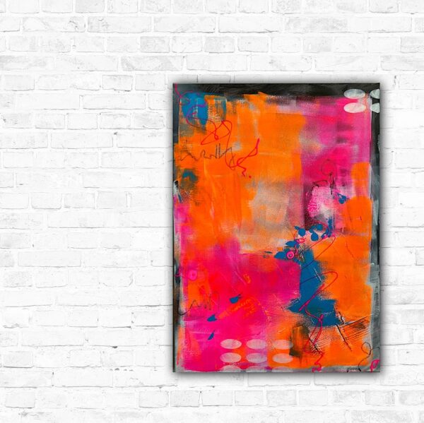Abstrakte Kunst auf Leinwand aus meiner Neon Serie Kräftiges Pink trifft strahlendes Orange, helle Akzente schaffen einen beruhigenden Ausgleich in diesem abstrakten Acrylbild in der Größe 70x50cm.