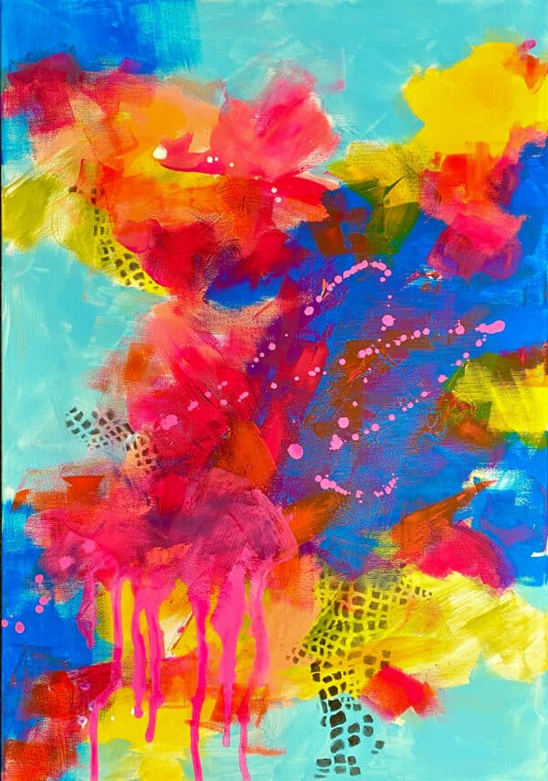 Abstrakte Kunst auf Leinwand aus meiner Neon Serie. Neon Pink trifft strahlendes Blau, grüne und gelbe Akzente schaffen einen beruhigenden Ausgleich in diesem abstrakten Acrylbild in der Größe 100x70x2,8cm.