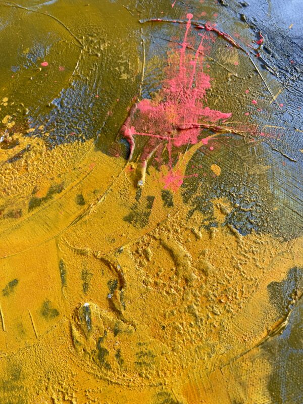 Dieses abstrakte Kunstwerk auf Leinwand in leuchtenden Farben auf anthrazitgrauem Hintergrund besticht durch seine Leuchtkraft. Unikat - Acryl auf Leinwand. Größe: 80x120x2cm