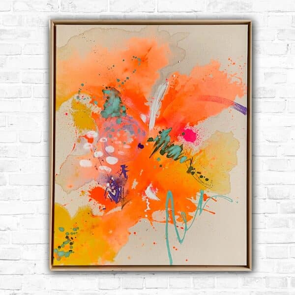 Abstraktes Kunstwerk in der Farbe Orange, wie ein spritziger Orangen-Cocktail, der die Sinne belebt. Acryl auf naturfarbener Leinwand. Größe:104x84x3,5cm